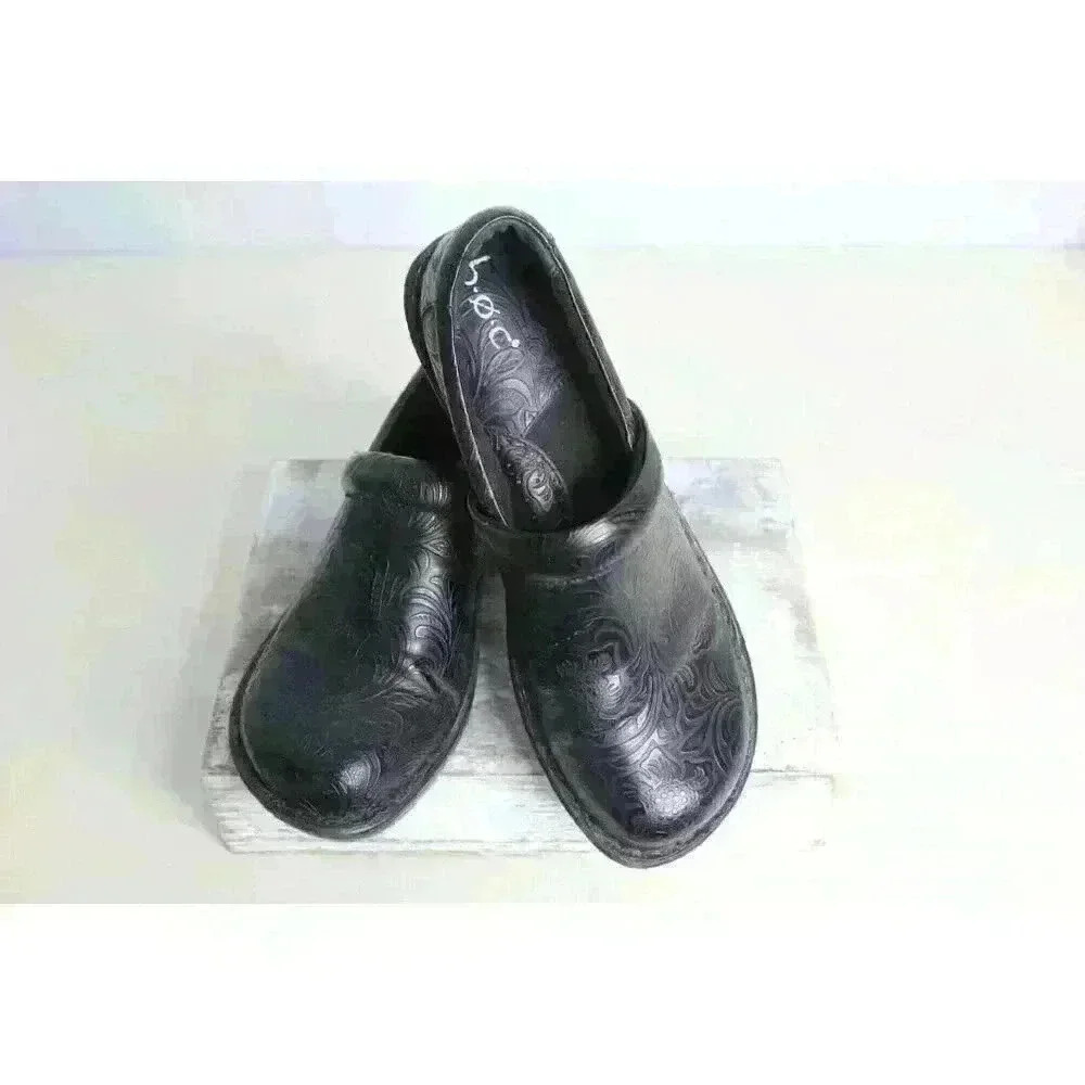 b.o.c. Mules Women's Size 9.5 M Black Faux Leather Wedge Slip On Comfort‎ Casual